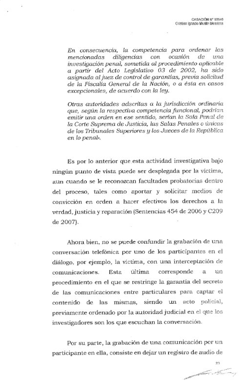 Página 23 de la sentencia CSJ SP757-2020 (50540), sobre la grabación de conversaciones por sus participantes.