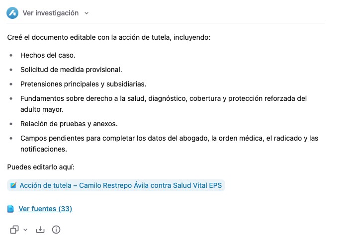 Respuesta de Ariel con la lista de lo que incluyó en la acción de tutela, el documento enlazado y resaltado en azul, y los accesos Ver investigación y Ver fuentes.