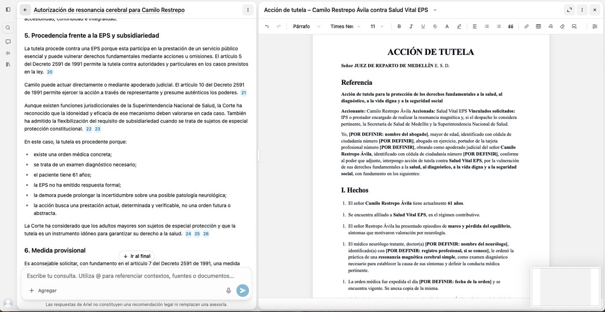 Editor de redacción de Ariel 3.0: a la izquierda el análisis de la tutela con sus fuentes numeradas, a la derecha el documento en vista de página con la barra de herramientas de edición.